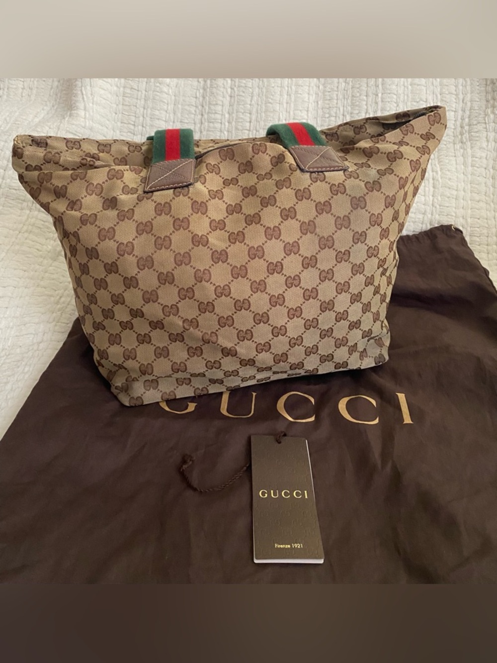 Gucci GG Supreme Canvas Tote Bag Web Stripe Handles Beige Brown - Picture 13 of 15